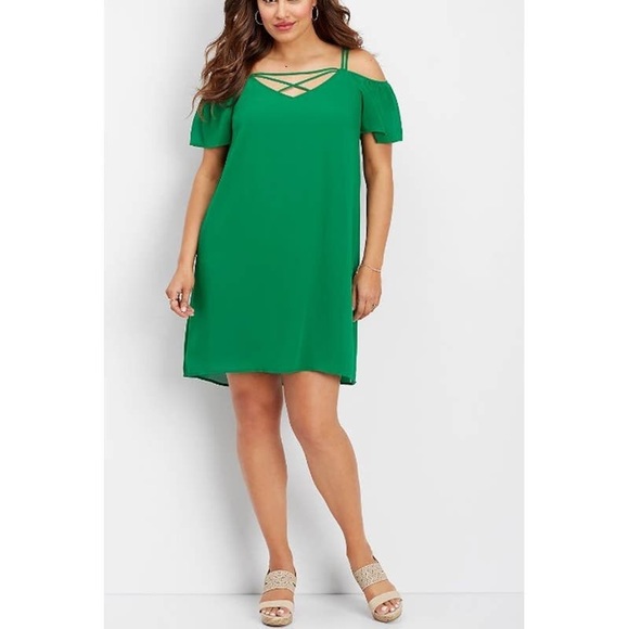 Maurices Green Ruffled Cold Shoulder Strappy V-neckline Shift Dress. Size XS - Picture 1 of 4